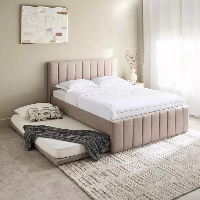 Beige upholstered bed
