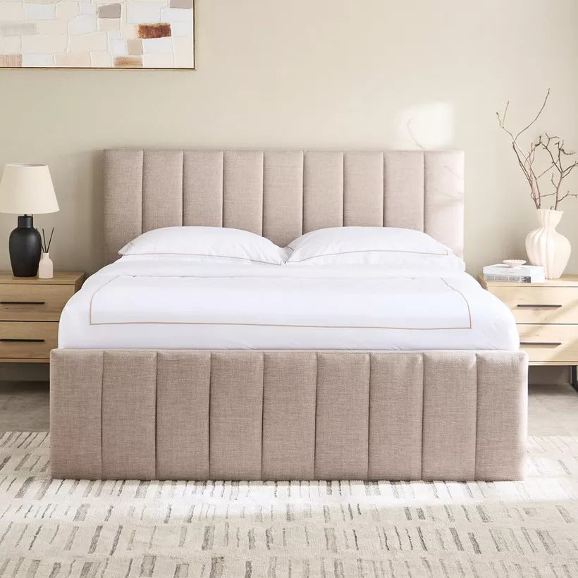 Beige upholstered bed