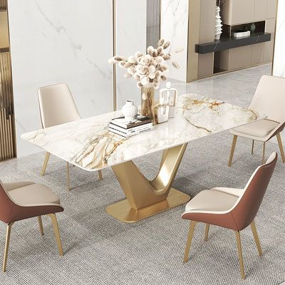 Valentina Gold V-Pedestal Marble Dining Table