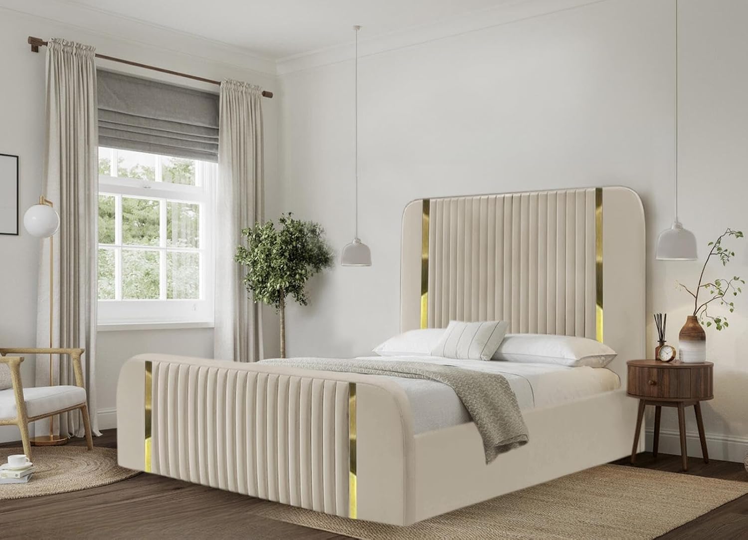 Aurelia Crest  Velvet Upholstered Bed with Gold Accents