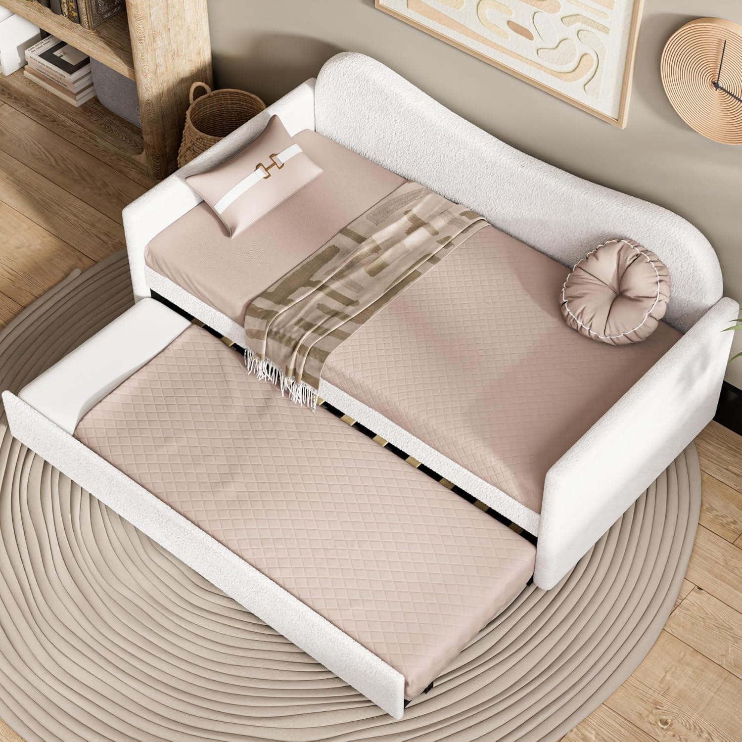 White sofa bed with beige bedding 