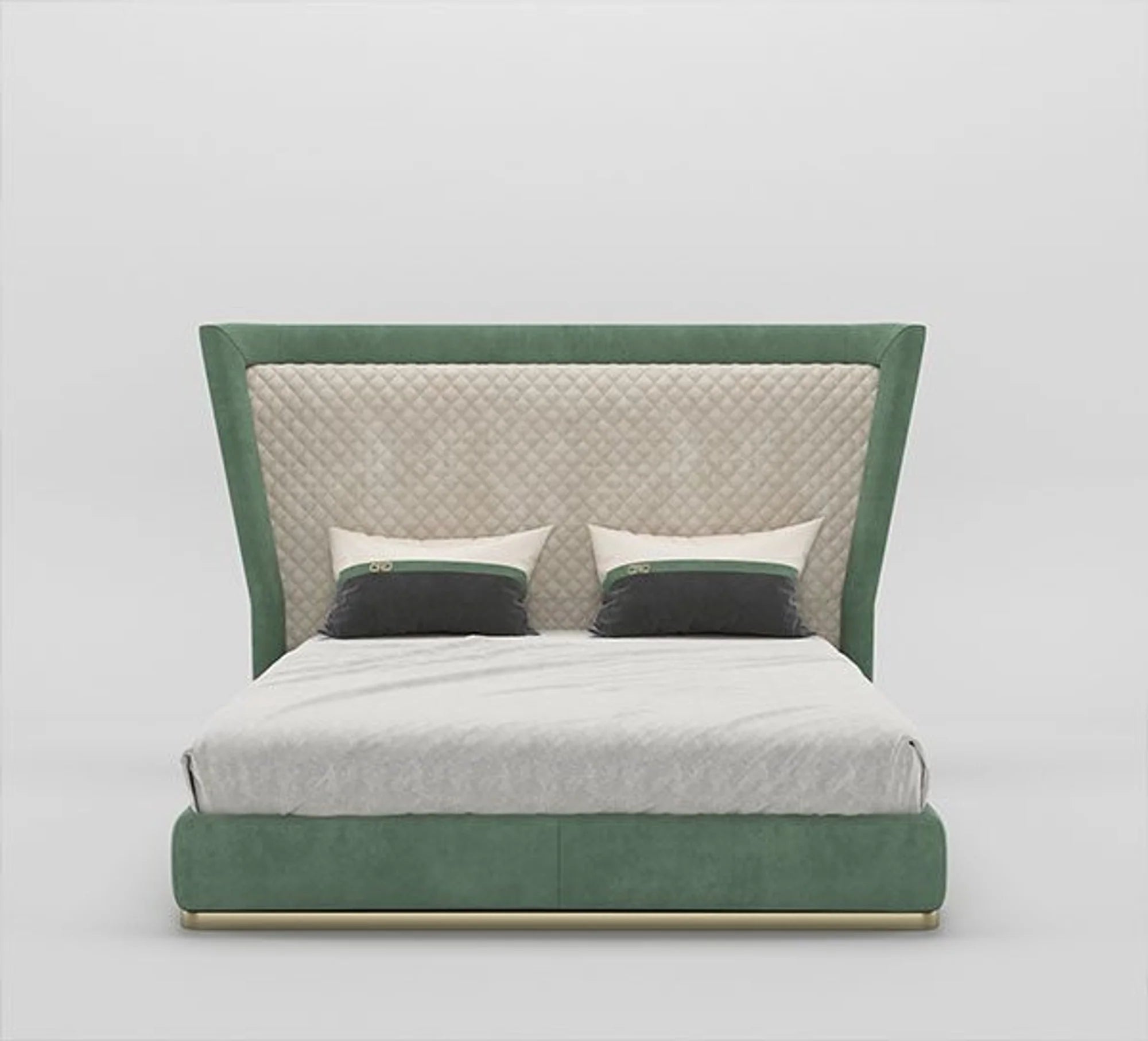 A bed with mattress green and cream colour
