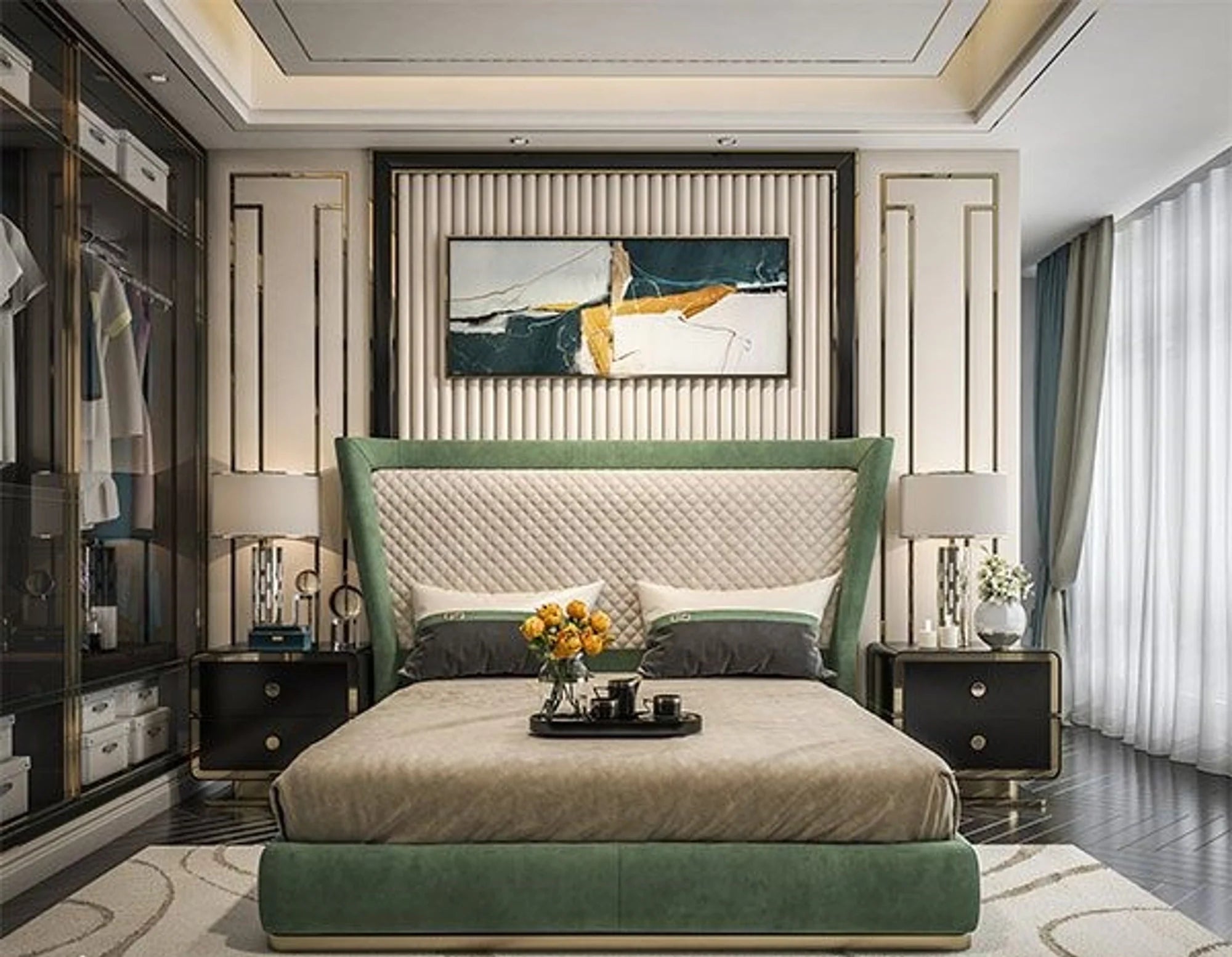 A bed with mattress beige and green colour