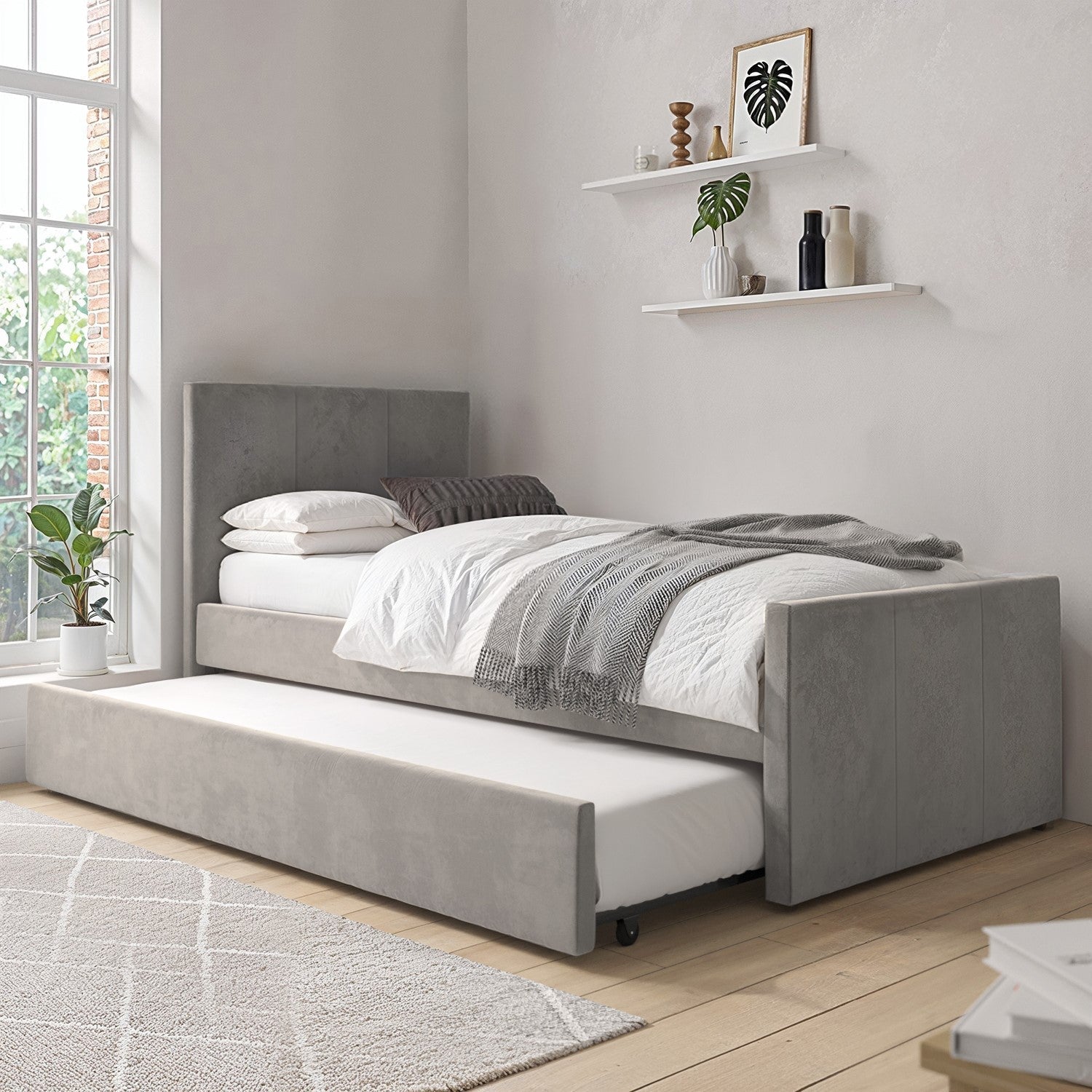 Gray upholstered bed