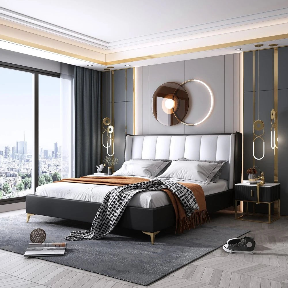 A bed with mattress white and black 