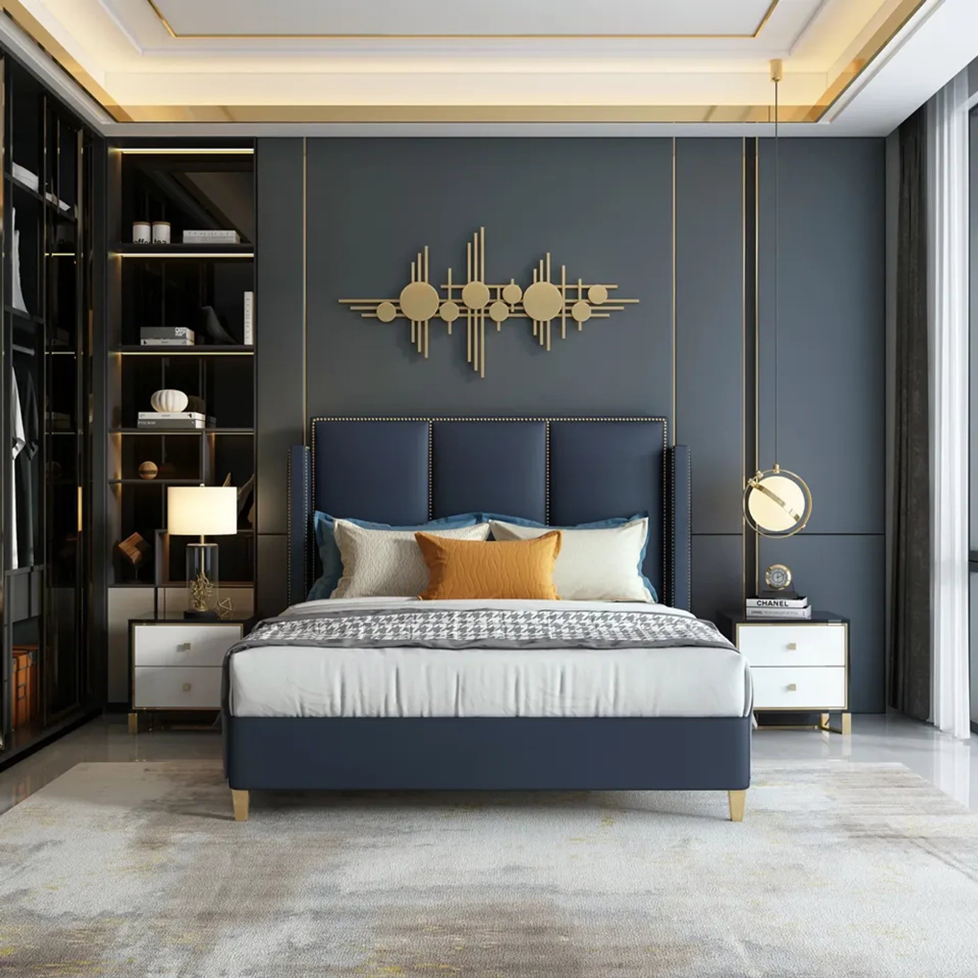 A bed with mattress navy blue colour