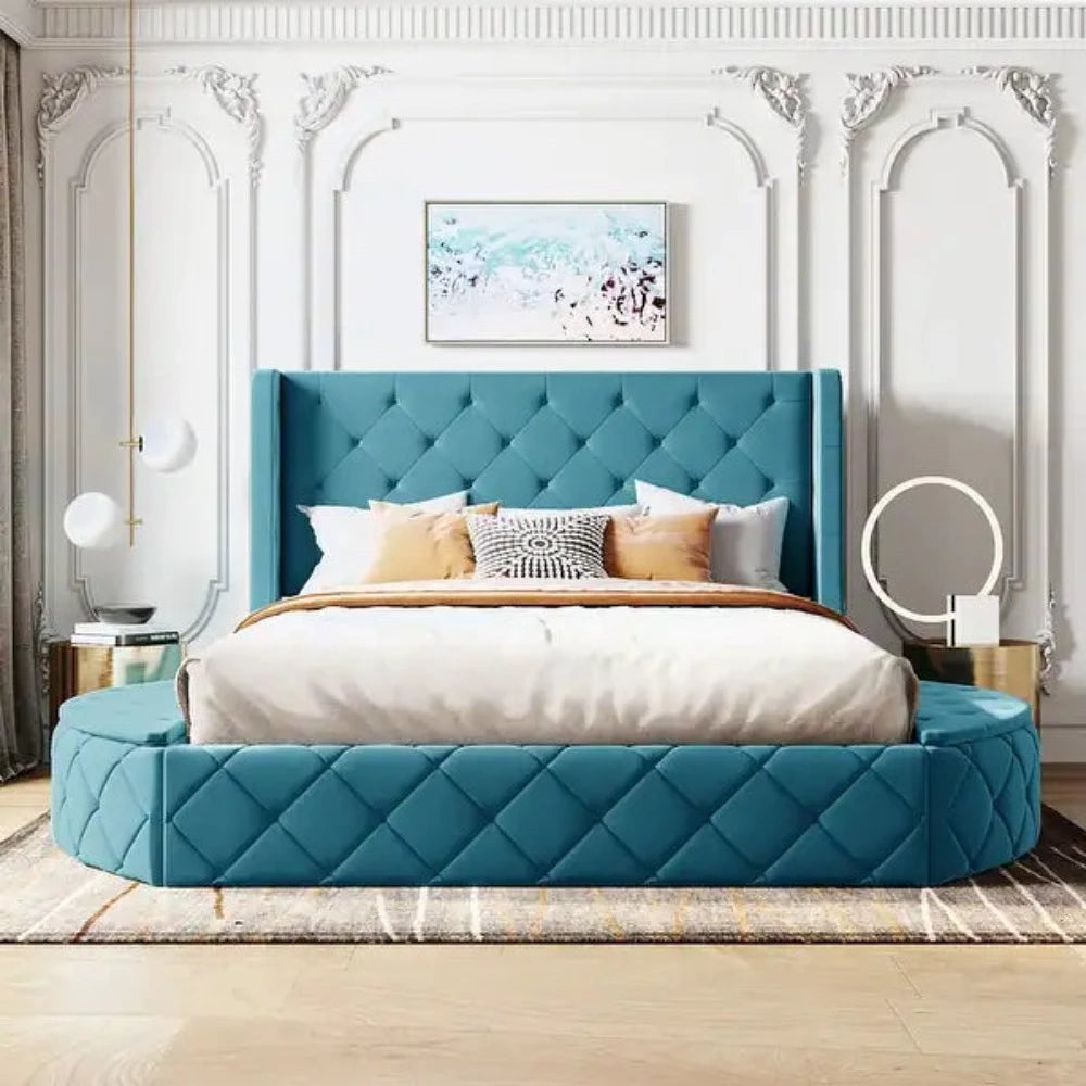 A bed with mattress blue colour