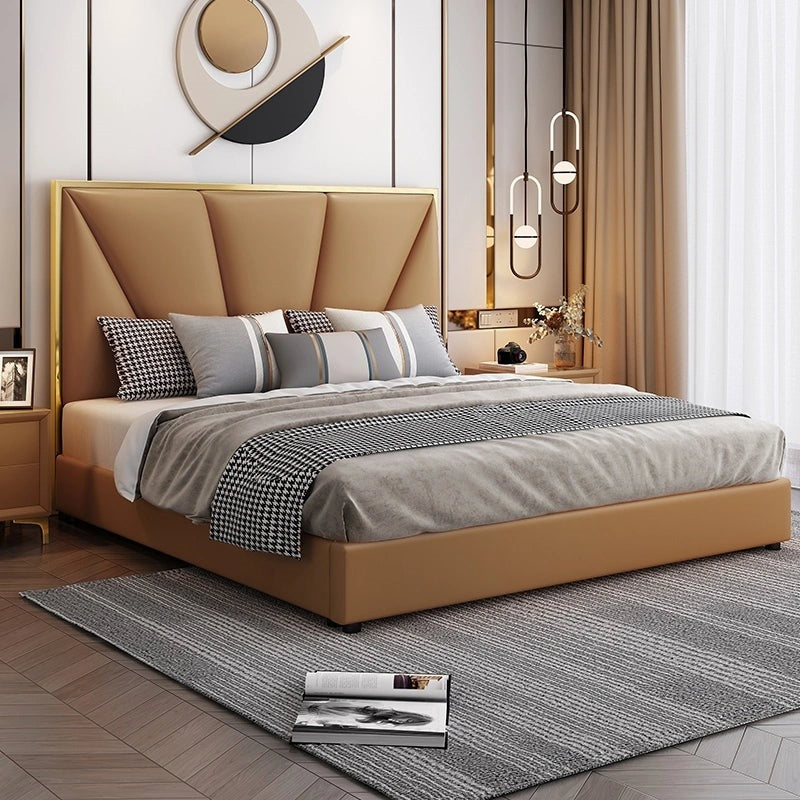 A bed with mattress brown colour