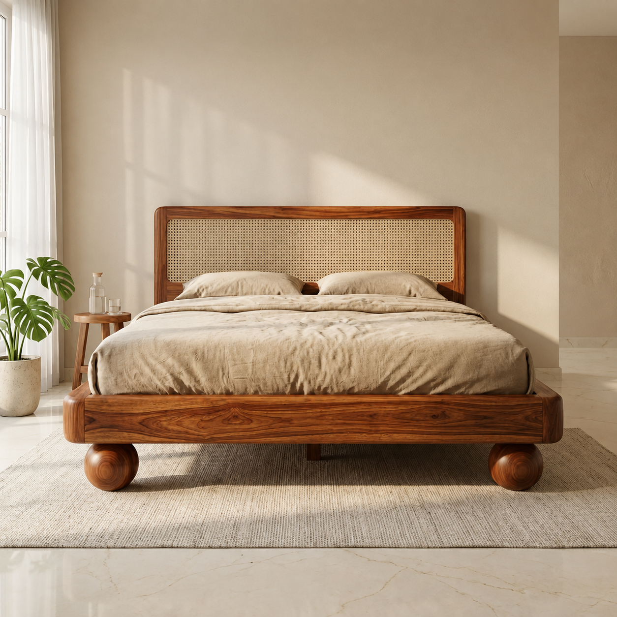 Sheesham Grove Bed with Cane Woven Headboard and Rounded Legs