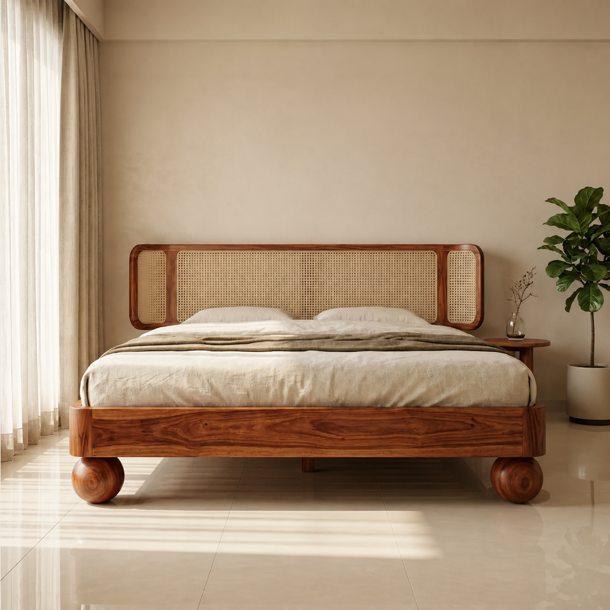 Sheesham Aura Bed with Cane Woven Headboard and Rounded Legs