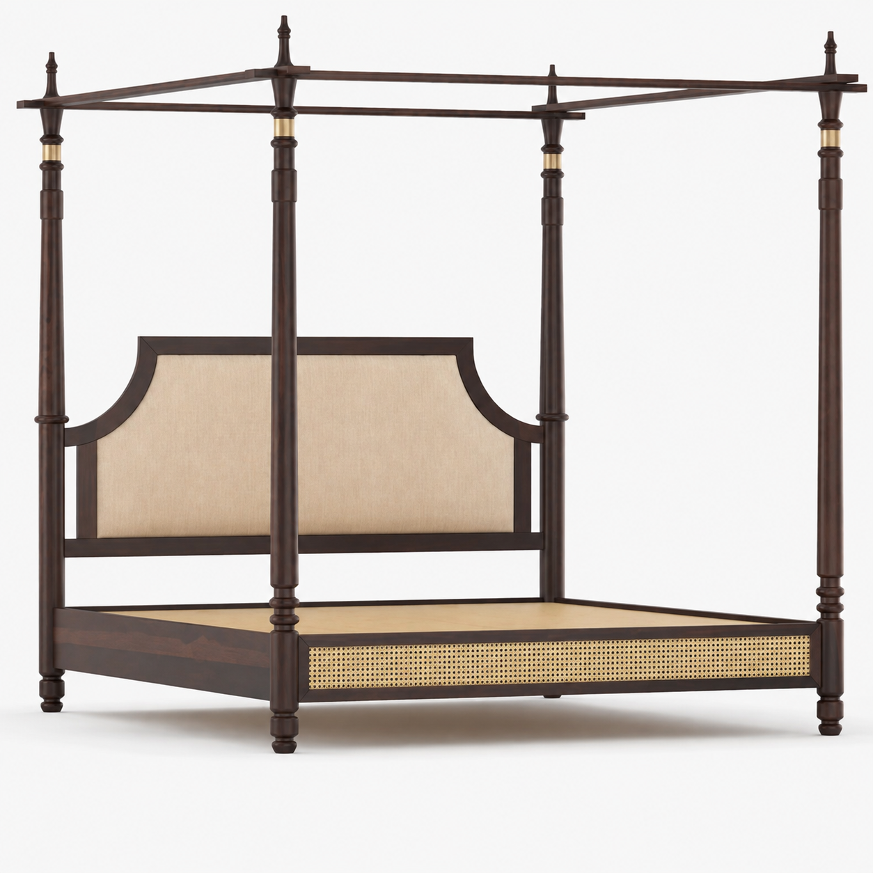 Caspian Sheesham Wood & Cane Upholstered Poster Bed