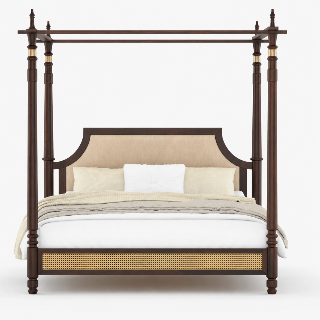 Caspian Sheesham Wood & Cane Upholstered Poster Bed