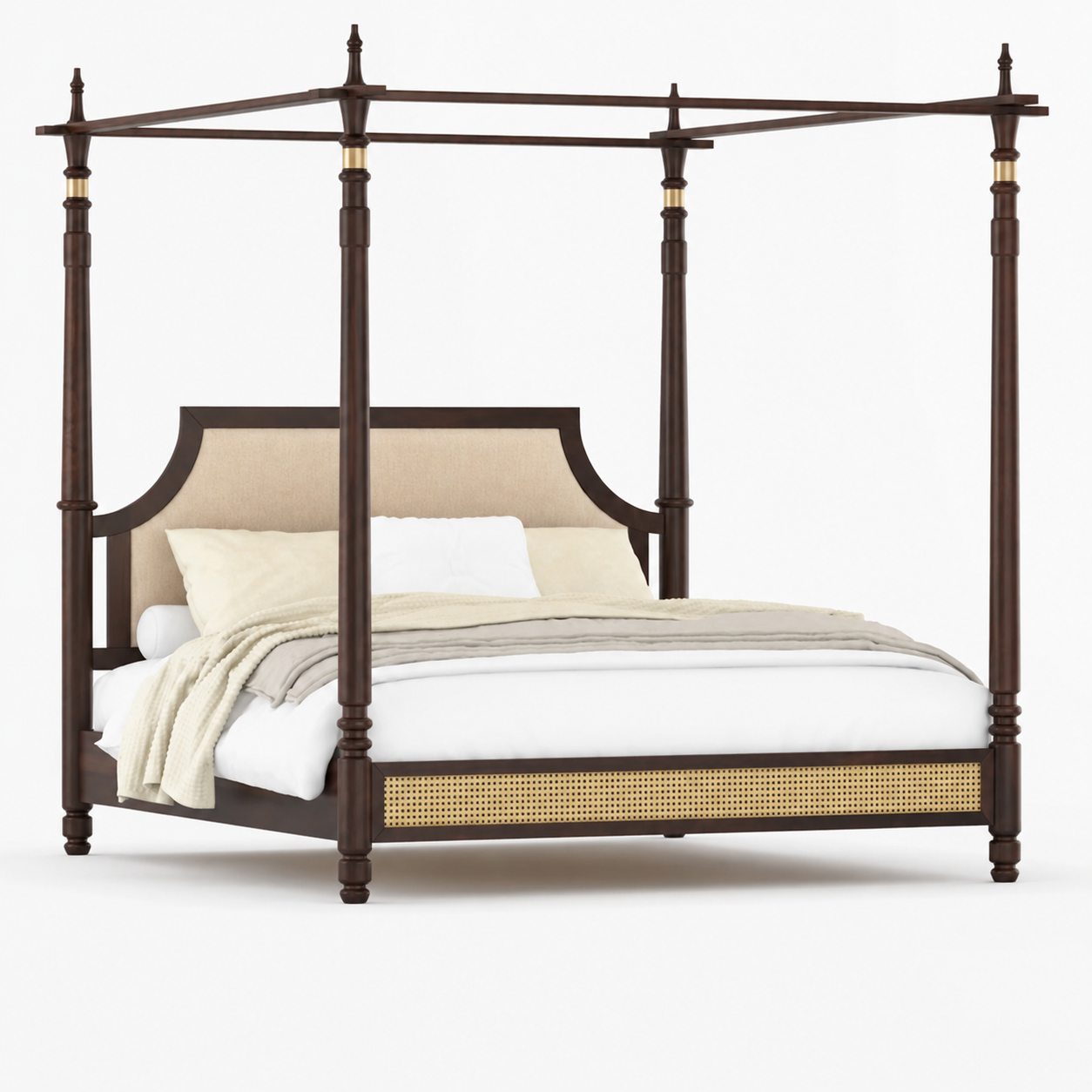 Caspian Sheesham Wood & Cane Upholstered Poster Bed