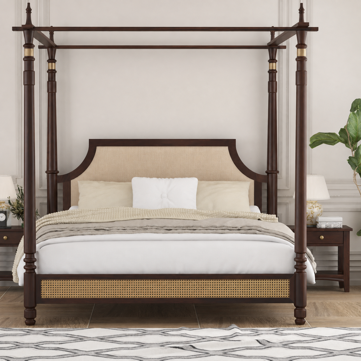 Caspian Sheesham Wood & Cane Upholstered Poster Bed