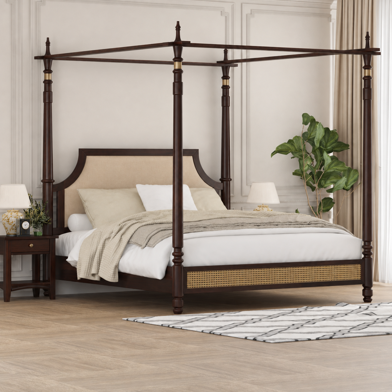 Caspian Sheesham Wood & Cane Upholstered Poster Bed