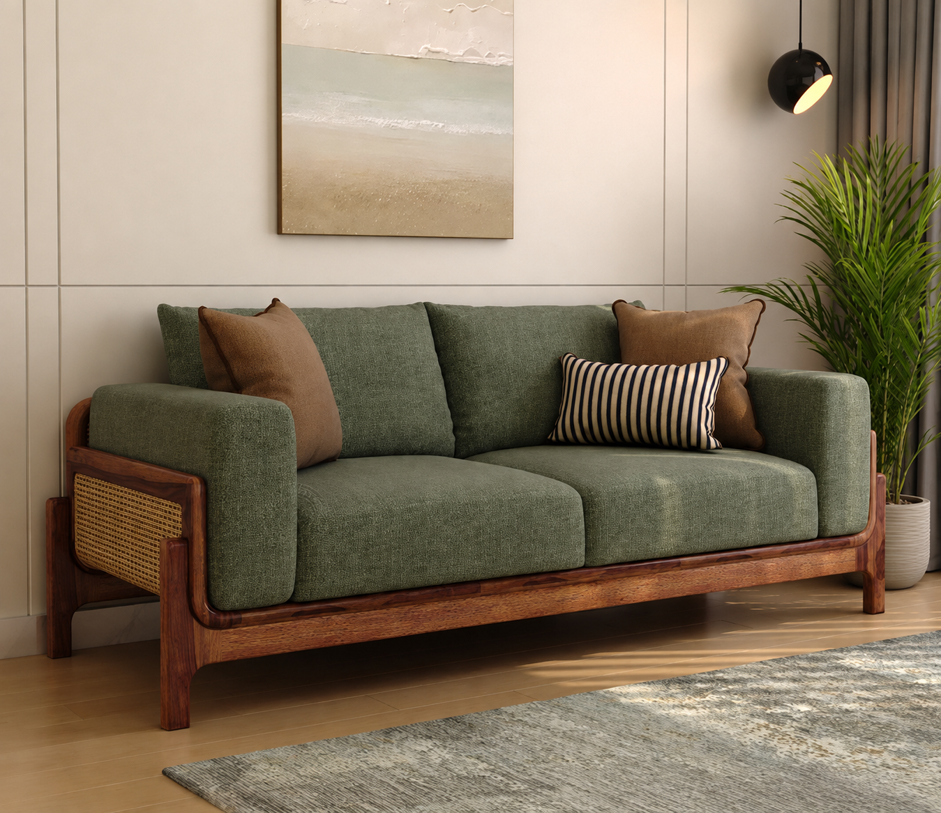 Verdant Cane 3 Seater Sheesham Wood Sofa - Sage Green