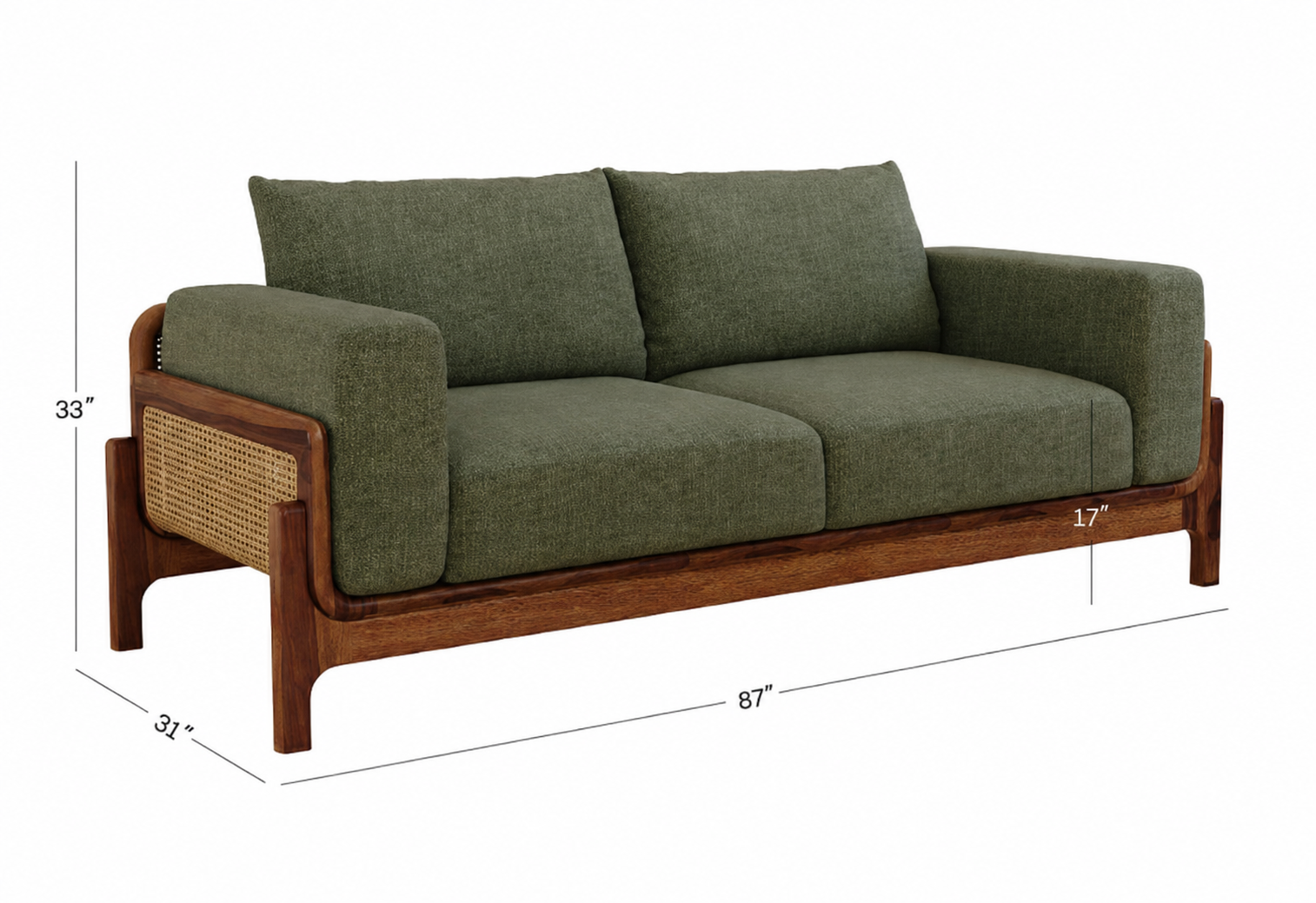 Verdant Cane 3 Seater Sheesham Wood Sofa - Sage Green