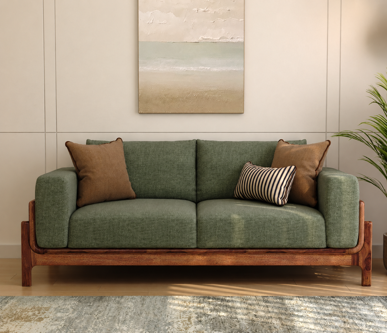Verdant Cane 3 Seater Sheesham Wood Sofa - Sage Green