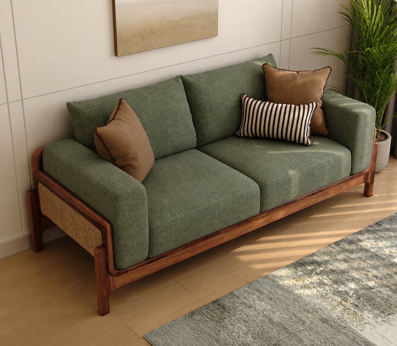 Verdant Cane 3 Seater Sheesham Wood Sofa - Sage Green
