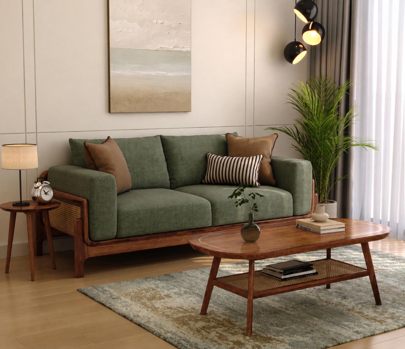 Verdant Cane 3 Seater Sheesham Wood Sofa - Sage Green