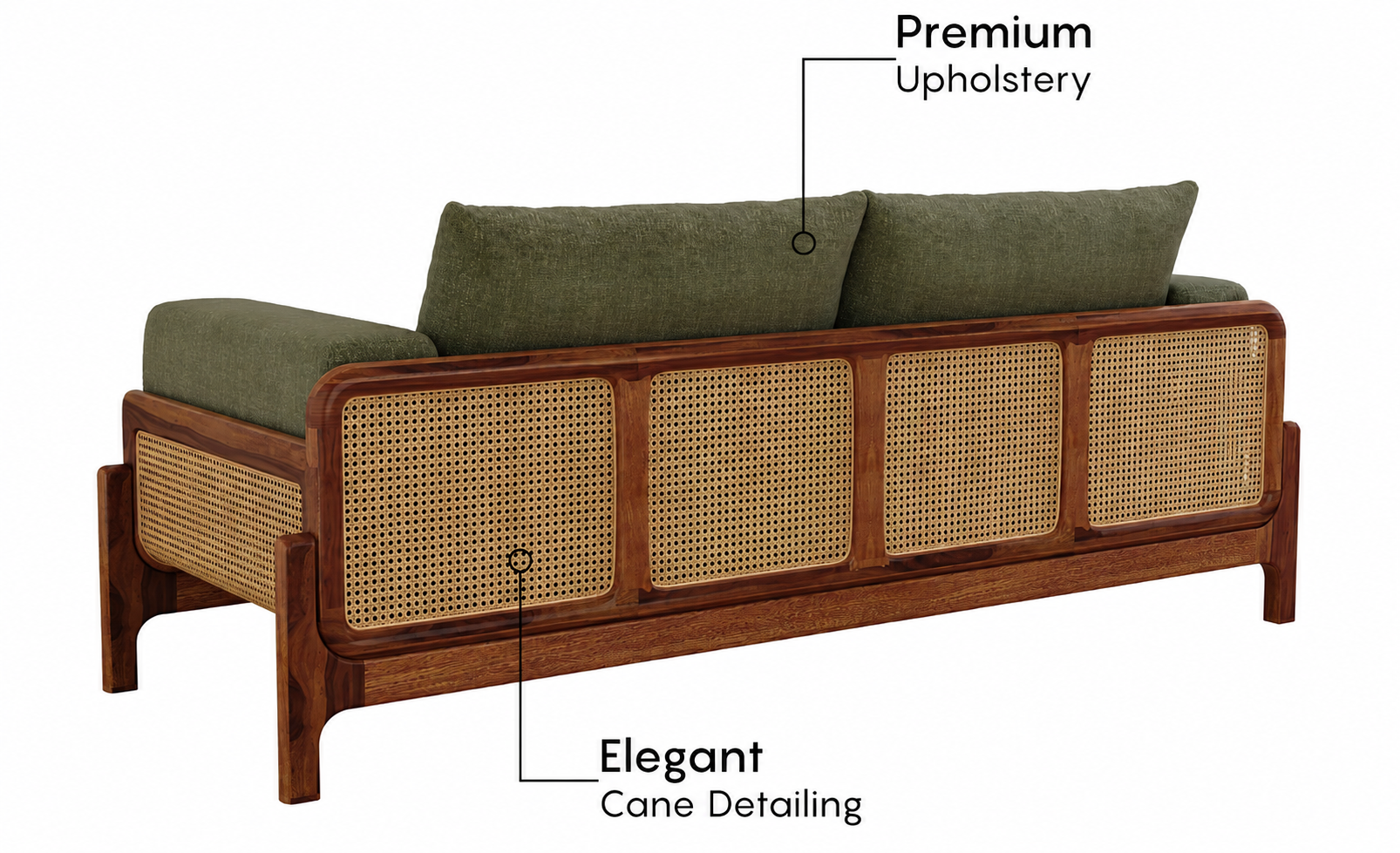 Verdant Cane 3 Seater Sheesham Wood Sofa - Sage Green