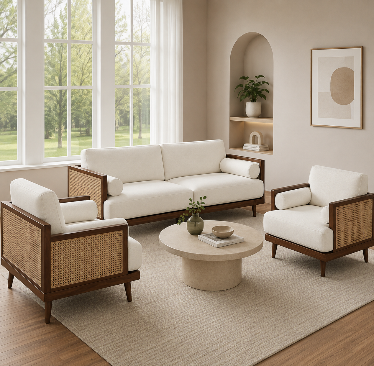 Arden Solid Wood & Natural Cane Upholstered Sofa Set