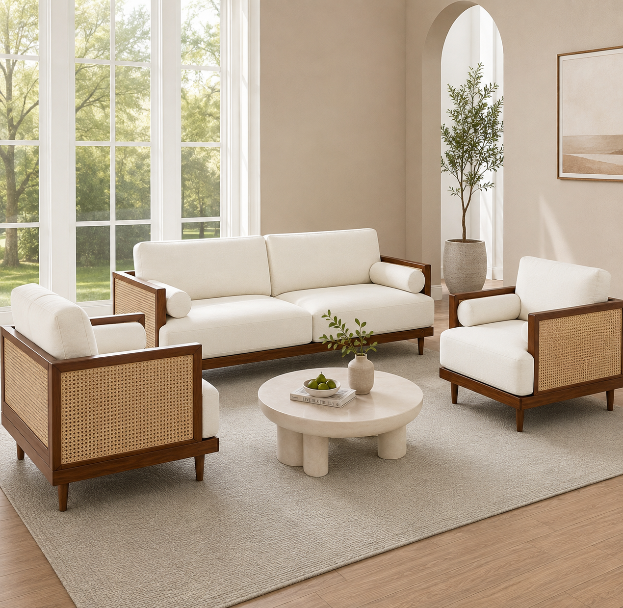 Arden Solid Wood & Natural Cane Upholstered Sofa Set