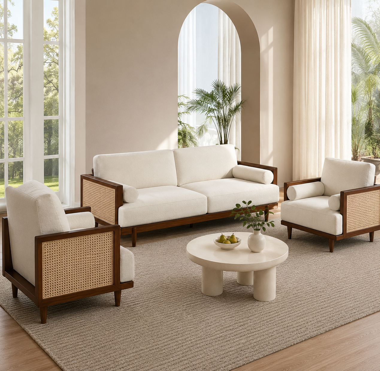 Arden Solid Wood & Natural Cane Upholstered Sofa Set