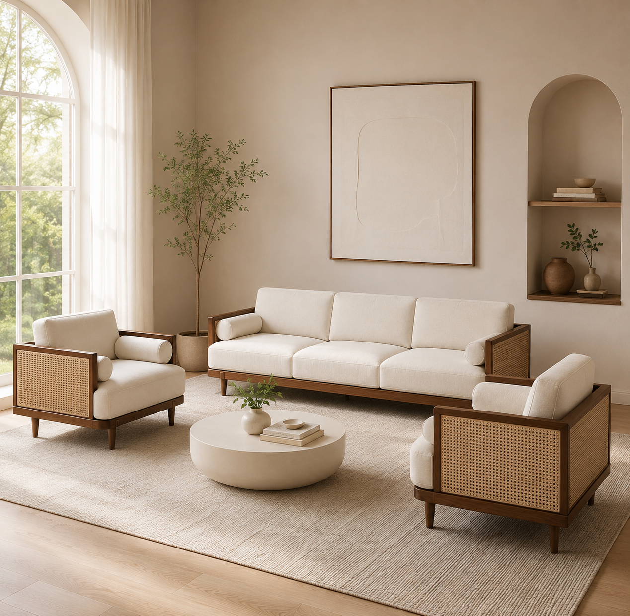 Arden Solid Wood & Natural Cane Upholstered Sofa Set