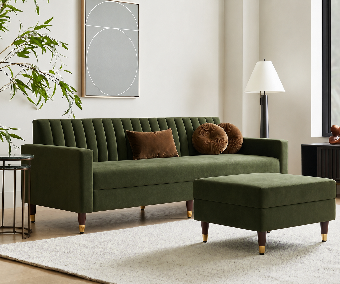 Avery L-Shape Corner Velvet Sofa – Dark Olive Green
