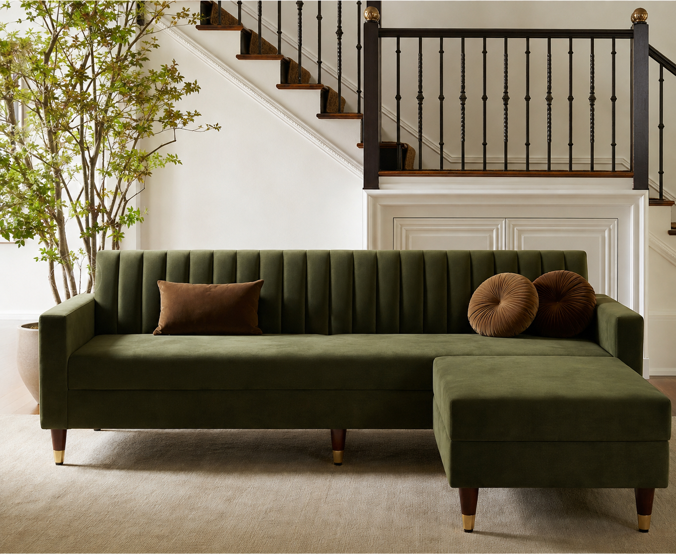 Avery L-Shape Corner Velvet Sofa – Dark Olive Green