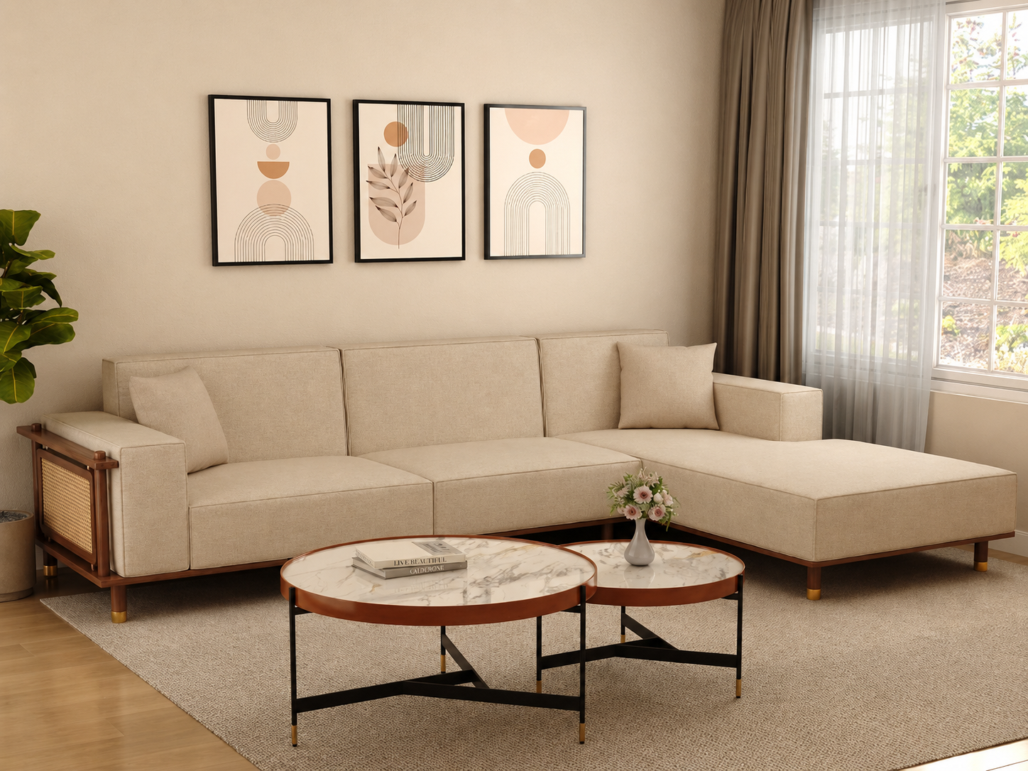 Caspian Ash Wood Right-Aligned L-Shape Sofa with Cane & Brass Accents – Sand Beige