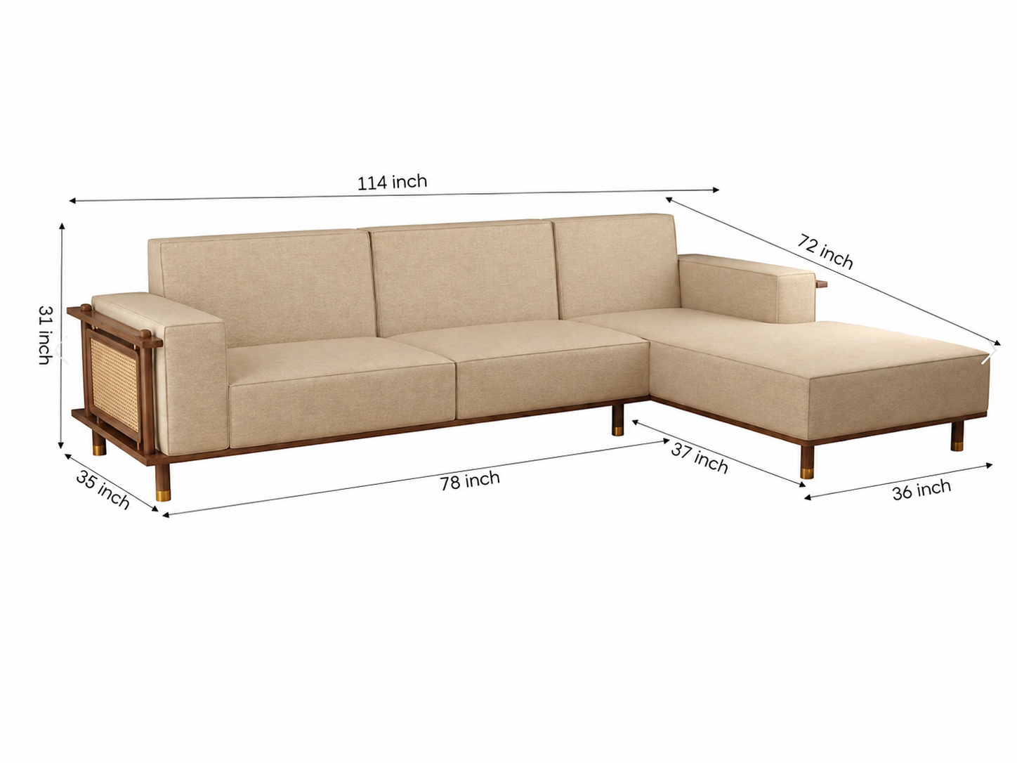 Caspian Ash Wood Right-Aligned L-Shape Sofa with Cane & Brass Accents – Sand Beige