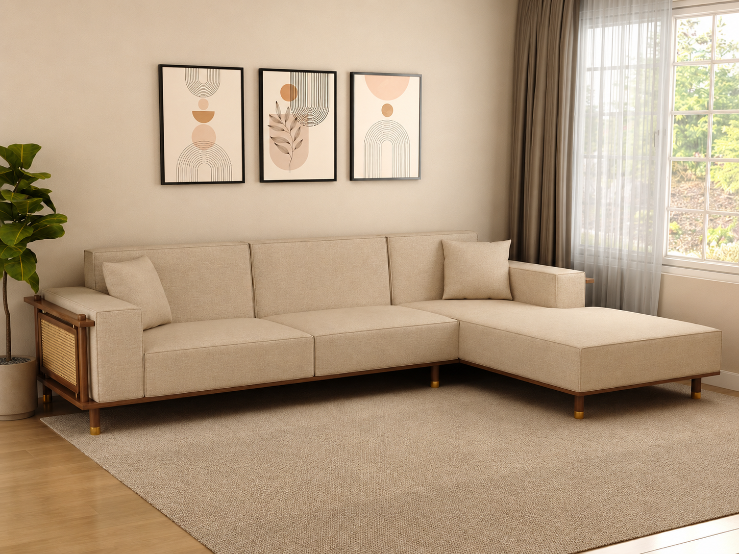 Caspian Ash Wood Right-Aligned L-Shape Sofa with Cane & Brass Accents – Sand Beige