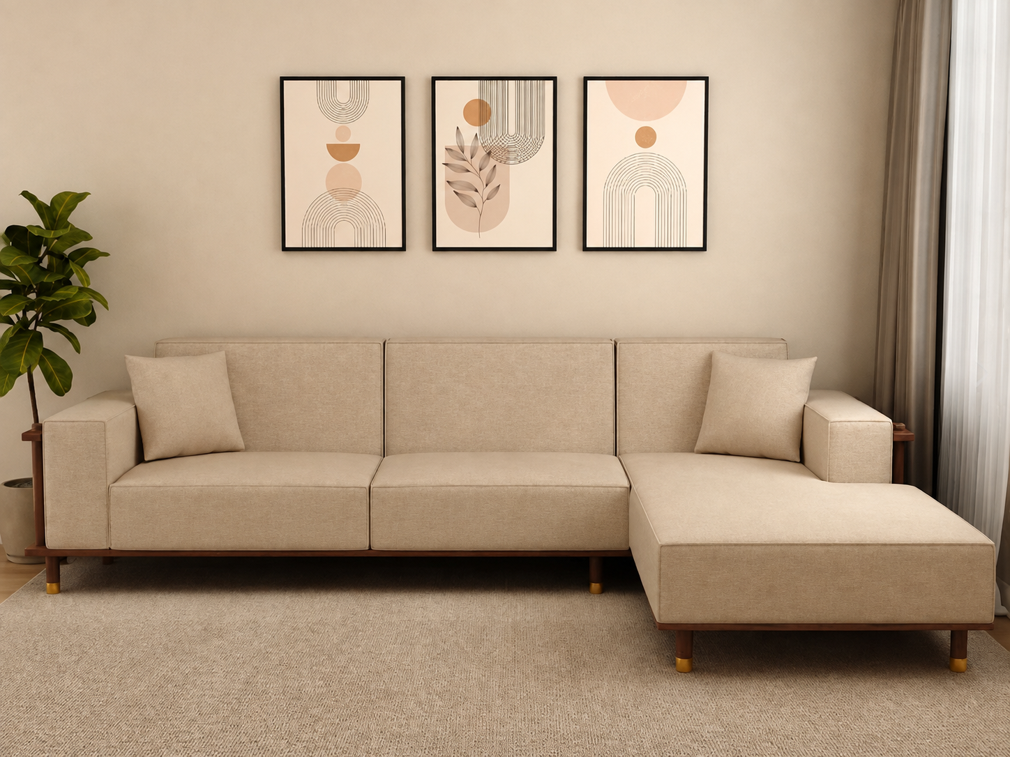 Caspian Ash Wood Right-Aligned L-Shape Sofa with Cane & Brass Accents – Sand Beige