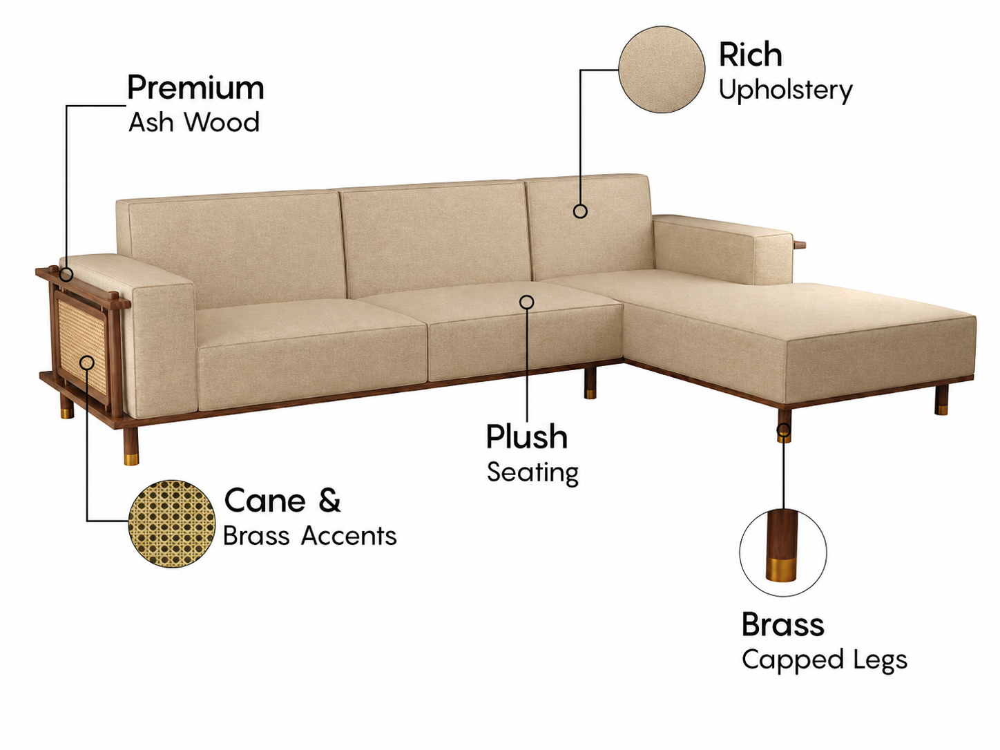 Caspian Ash Wood Right-Aligned L-Shape Sofa with Cane & Brass Accents – Sand Beige