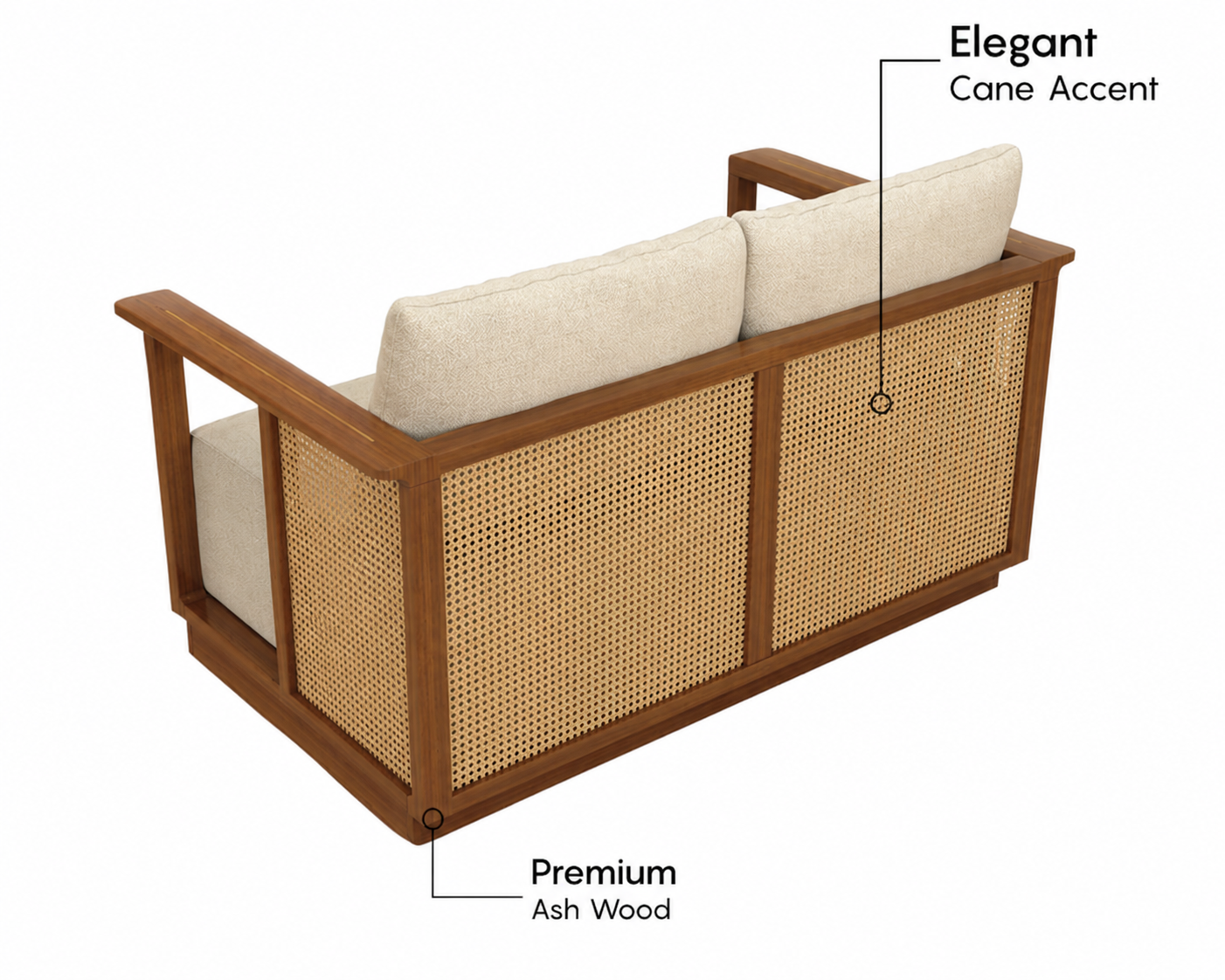 Varnik Modern 2-Seater Ash Wood Sofa with Cane Accents – Ivory