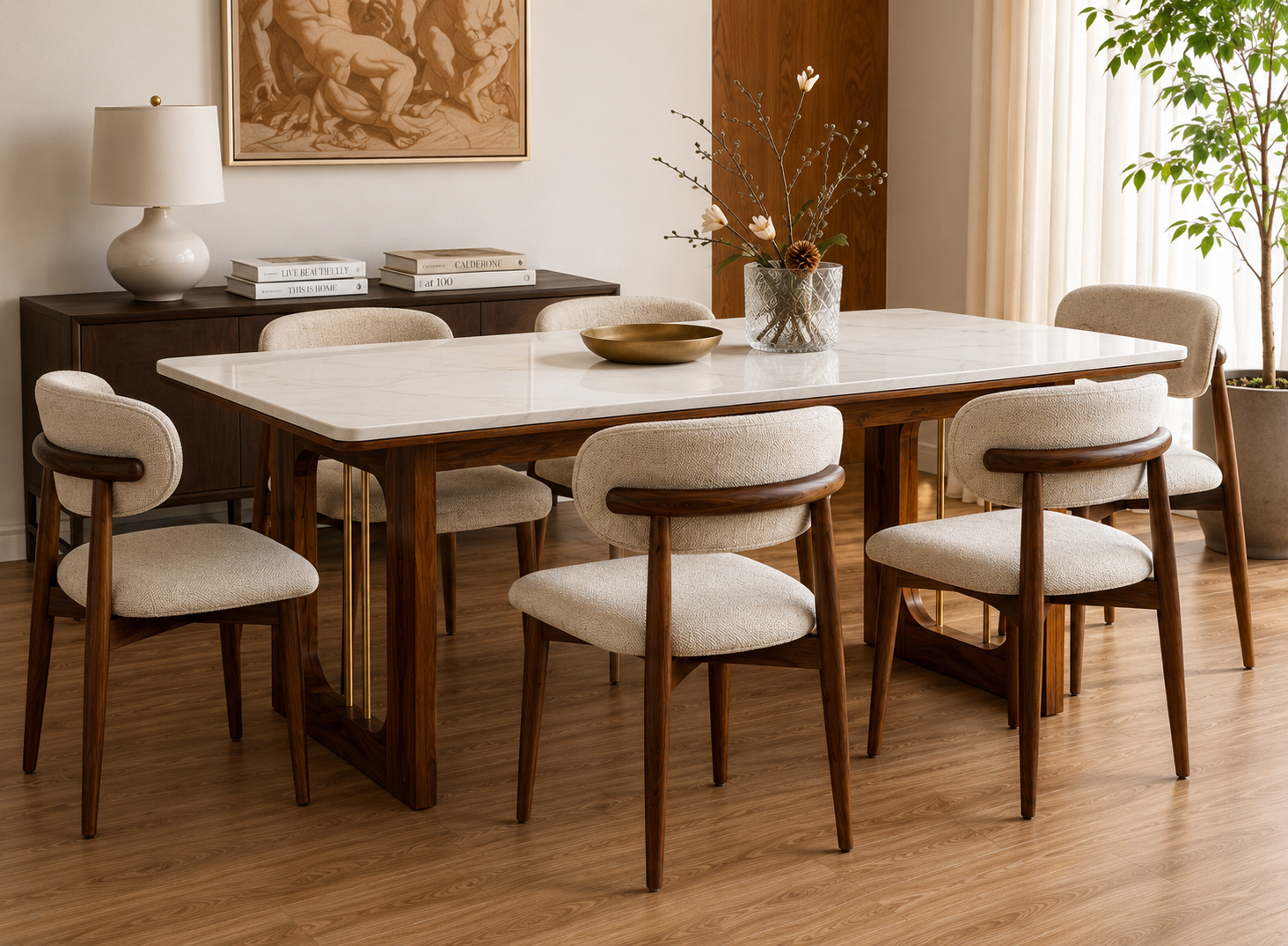 Mishaan-Rivano 6-Seater Sheesham Wood Dining Table Set – Teak Finish