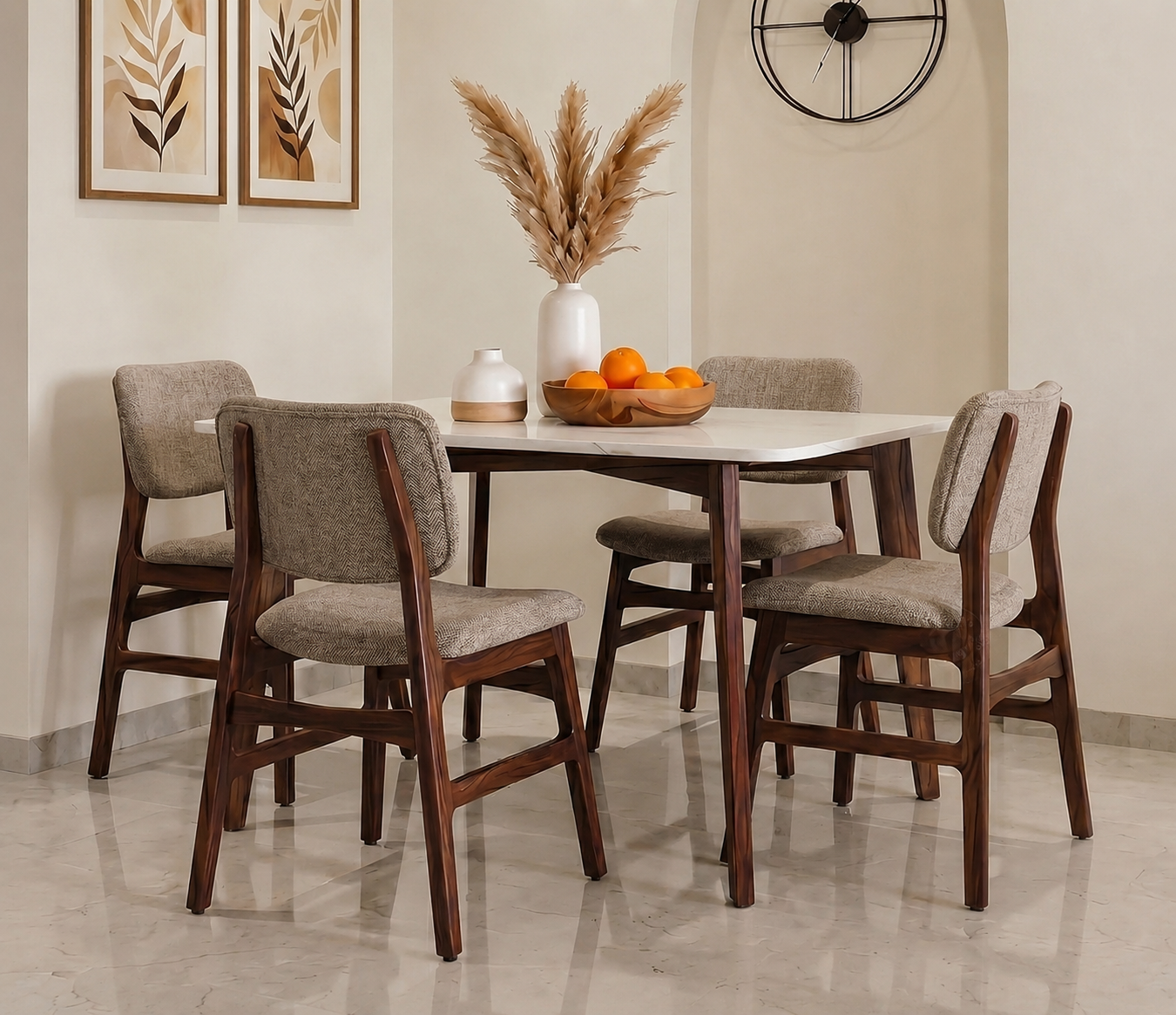 Vivara 4 Seater Sheesham Wood Dining Set with Valence Marble-Top Table and Vinara Upholstered Chair (Sand Brown)