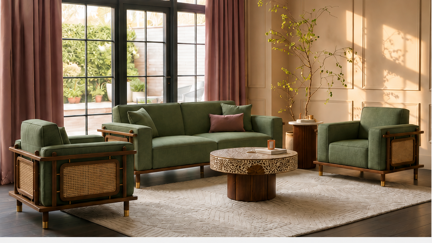 Arden Ash Wood & Cane Sofa Set – Sage Green