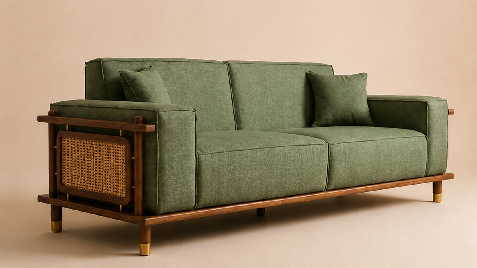 Arden Ash Wood & Cane Sofa Set – Sage Green