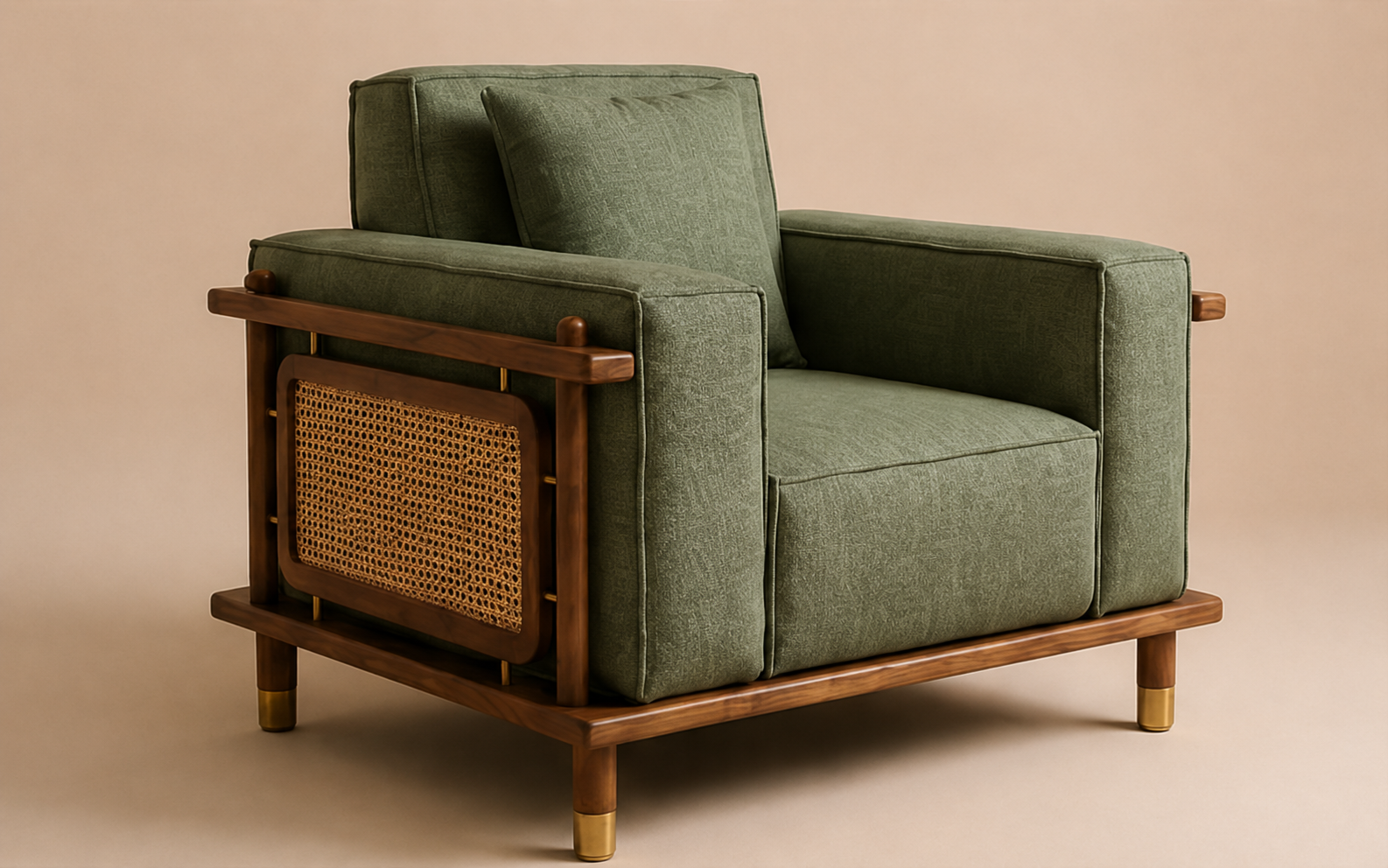 Arden Ash Wood & Cane Sofa Set – Sage Green