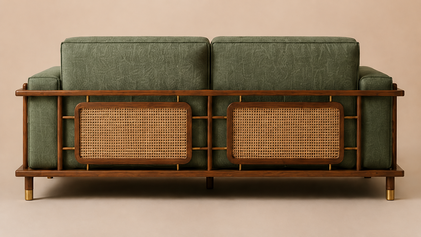 Arden Ash Wood & Cane Sofa Set – Sage Green