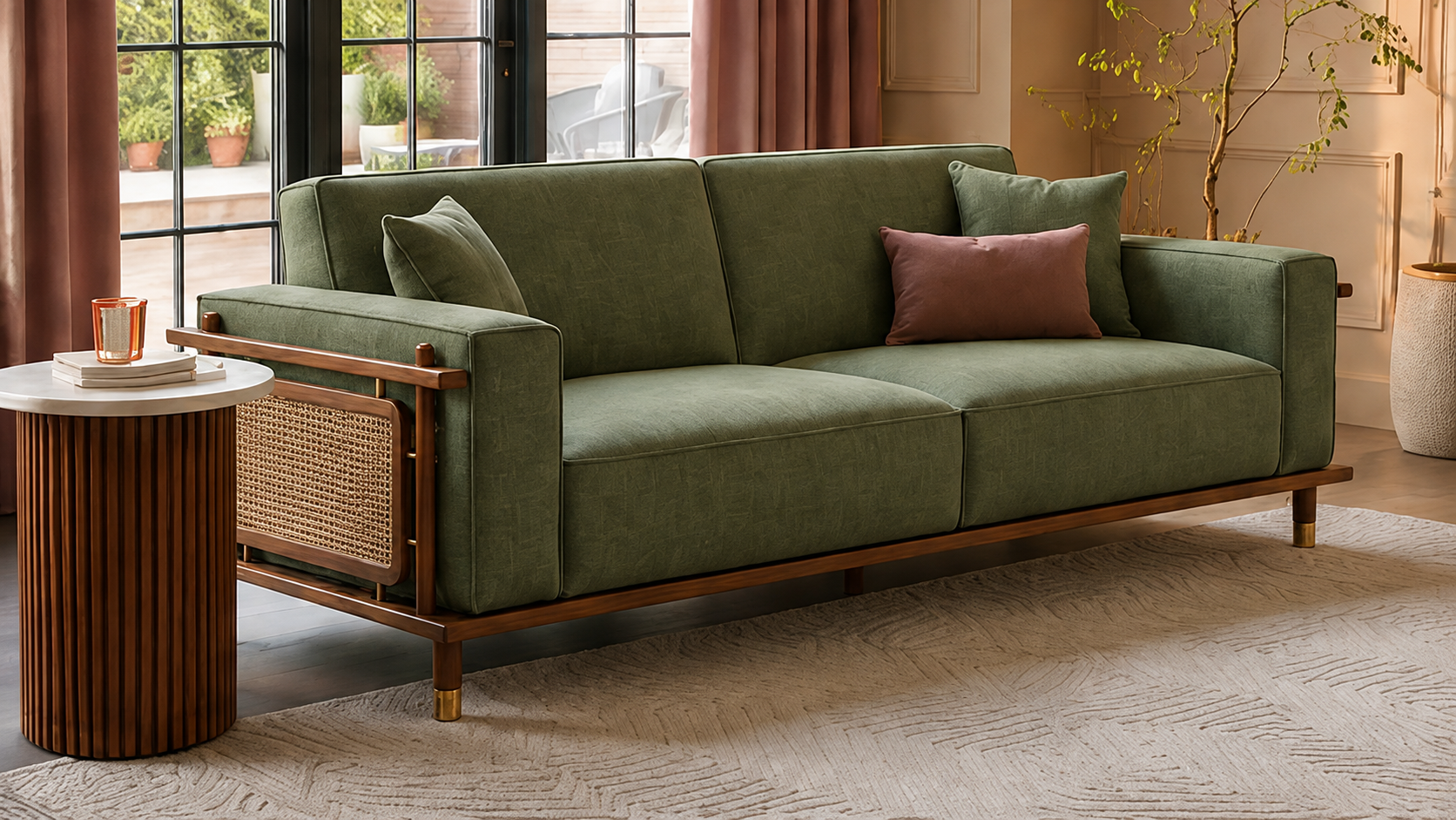 Arden Ash Wood & Cane Sofa Set – Sage Green