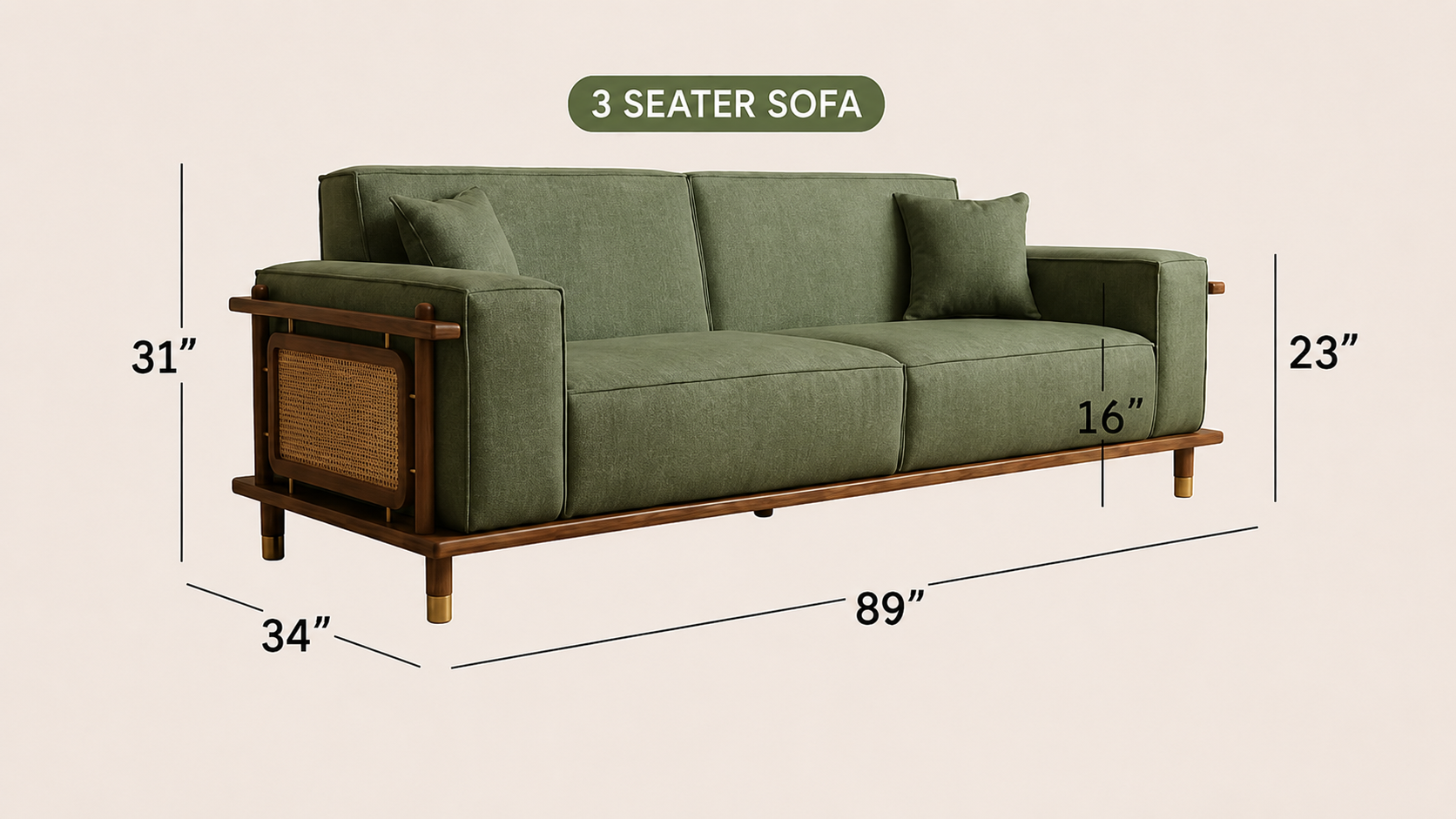 Arden Ash Wood & Cane Sofa Set – Sage Green