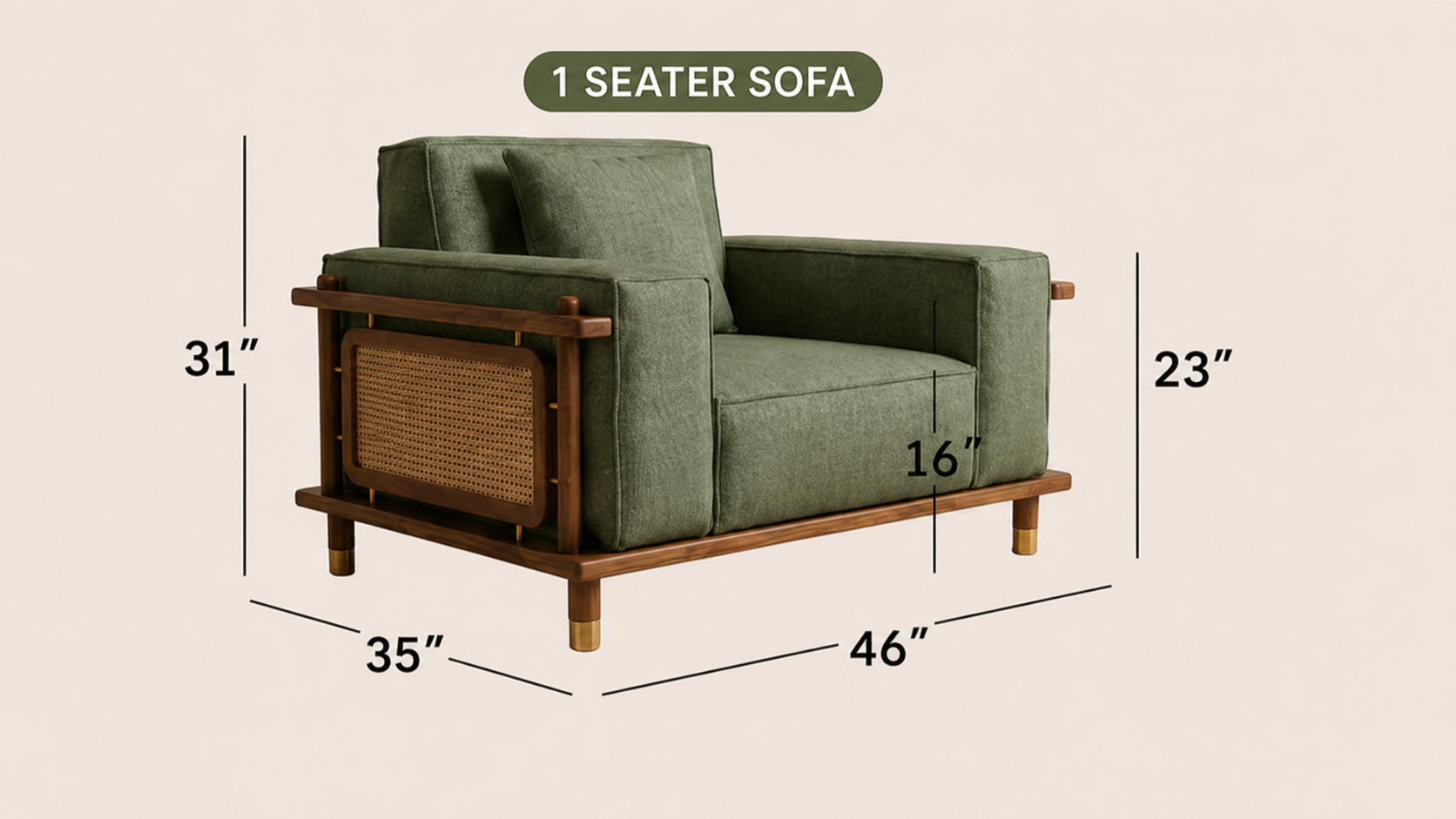 Arden Ash Wood & Cane Sofa Set – Sage Green