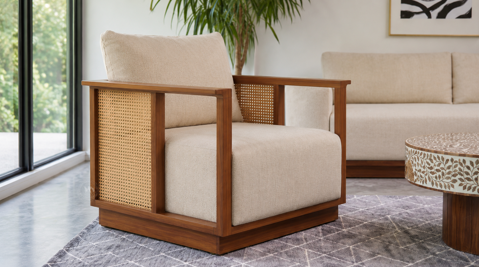 Arden 3+1+1 Ash Wood & Cane Sofa Set – Cottage Ivory