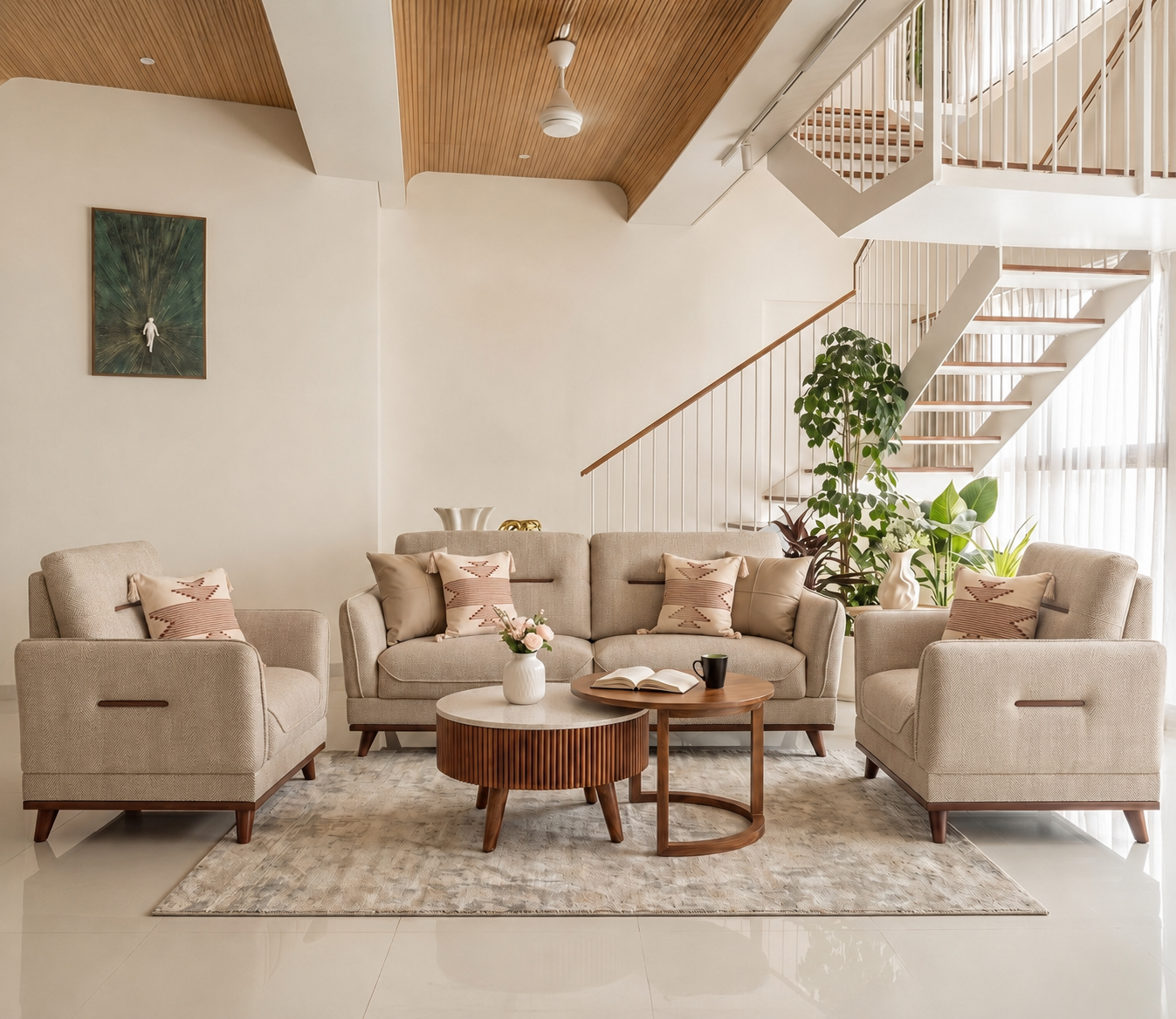 Alvaro Modern Sand Beige Fabric Sofa Set with Wooden Accents