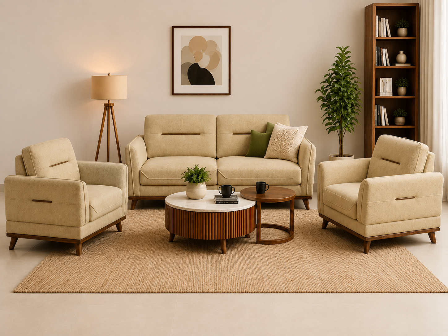 Alden 3+1+1 Seater Fabric Sofa with Wooden Accents, Irish Cream