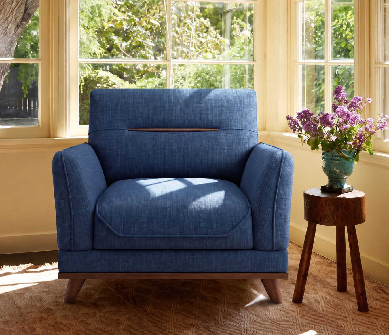 Arden 3+1+1 Seater Fabric Sofa with Wooden Accents, Iris Blue